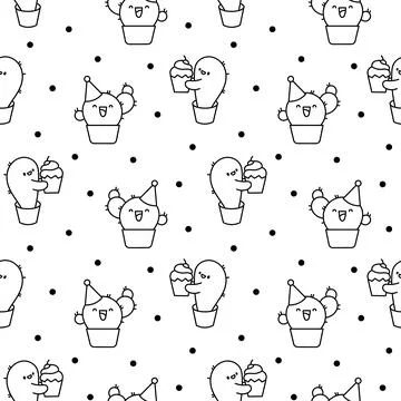Cute cactus. Seamless pattern. Coloring Page. Stock Illustration