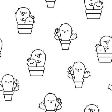 Cute cactus. Seamless pattern. Coloring Page. Stock Illustration