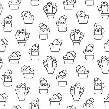 Cute cactus. Seamless pattern. Coloring Page. Stock Illustration