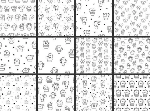 Cute cactus. Seamless pattern. Coloring Page. 스톡 일러스트