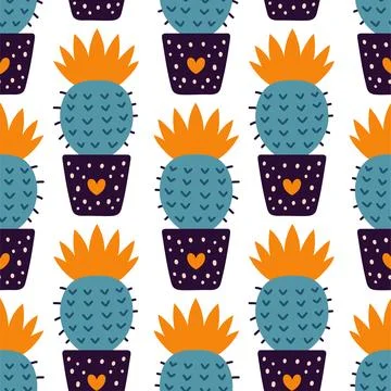 Cute cactus seamless pattern. Desert spiny plant, mexico cacti flower and Stock Illustration