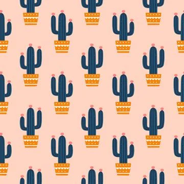 Cute cactus seamless pattern. Desert spiny plant, mexico cacti flower and Stock Illustration