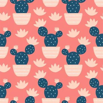 Cute cactus seamless pattern. Desert spiny plant, mexico cacti flower and Stock Illustration