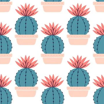 Cute cactus seamless pattern. Desert spiny plant, mexico cacti flower and Stock Illustration