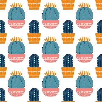 Cute cactus seamless pattern. Desert spiny plant, mexico cacti flower and Stock Illustration