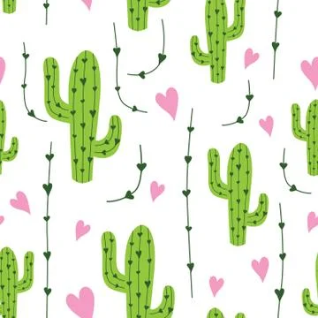 Cute cactus seamless pattern with hearts in green, pink and white colors. Nat Stock Illustration