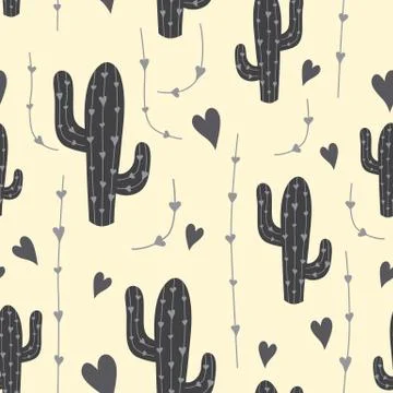 Cute cactus seamless pattern with hearts in grey color. Natural vector backgr Stock Illustration