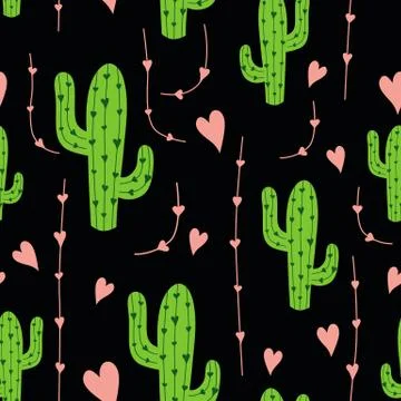 Cute cactus seamless pattern with pink hearts on dark black background Mexica Stock Illustration