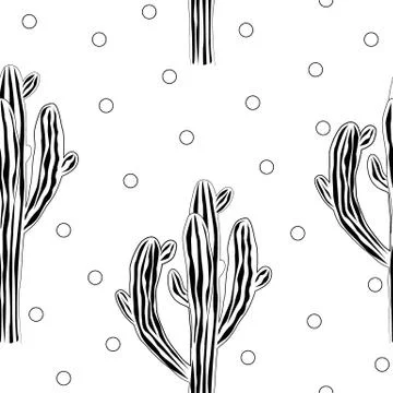 Cute cactus seamless vector pattern with graphic saguaro and doodle dots. Cac 스톡 일러스트