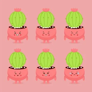 Cute Cactus with Various Expression Stock Illustration
