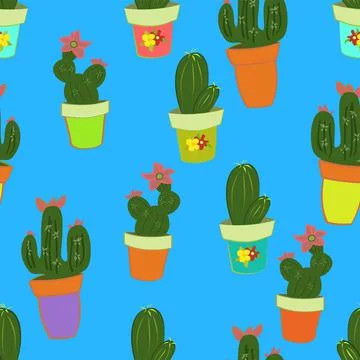 Cute Cactus Vector Repeat Pattern On A Sky Blue Background Illustrazione stock