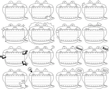 Cute caiman noteboard outline set Stock Illustration