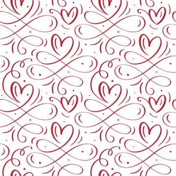 Cute calligraphy hearts seamless vector pattern with flourish swirl. Valentin Stock Illustration