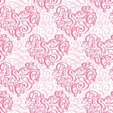 Cute calligraphy hearts seamless vector pattern with flourish swirl. Valentin 스톡 일러스트