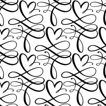 Cute calligraphy hearts seamless vector pattern with flourish swirl. Valentine Stock Illustration