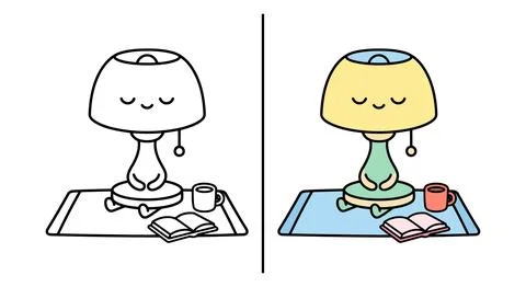 Cute Calm Table Lamp Meditating With Book And Coffee Creative Coloring Activi Stock Illustration