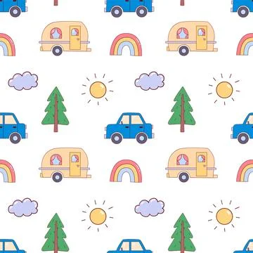 Cute Camper Van Seamless Pattern, Childish background Illustrazione stock