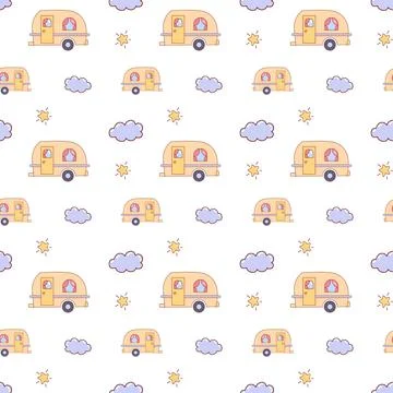 Cute Camper Van Seamless Pattern, Childish background Stock Illustration