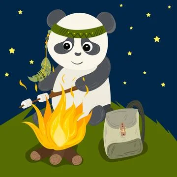 A cute camping panda vector illustration. Little bear sitting in front of Stock Illustration