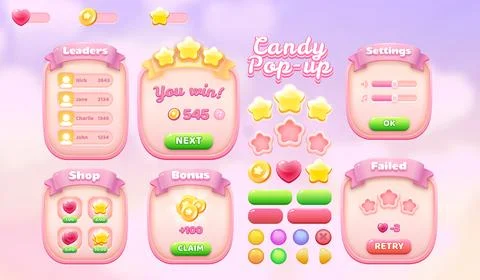 Cute Candy Match 3 Game GUI Vector Set with Sweet Popup Windows, Leaderboar.. Stock Illustration
