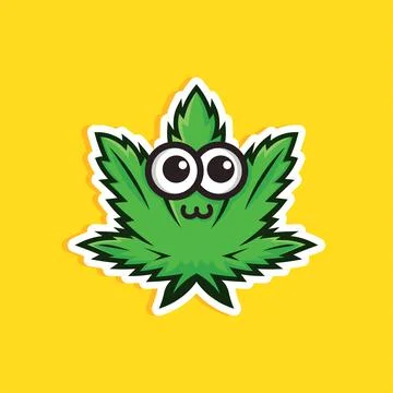 Cute cannabis leaf on yellow background. Cartoon style. Medical cbd oil and hemp Illustrazione stock