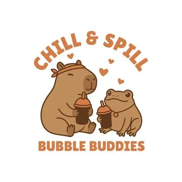 Cute capybara and frog drinking bubble tea cartoon characters Funny animal Stockillustratie