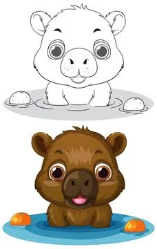 Cute Capybara Bathing in Water with Oranges Coloring Page Illustration Ilustración de archivo