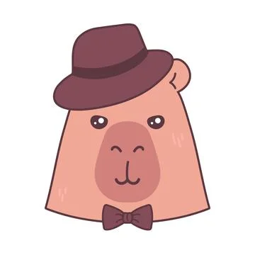 Cute capybara character in hat and bow tie. Capybara face cartoon icon Stock Illustration
