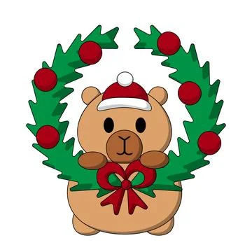 Cute Capybara with Christmas wreath in color Stock Illustration