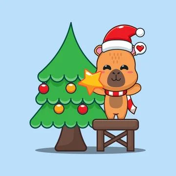 Cute capybara decorating the Christmas tree on Christmas day. Cartoon vecto.. Stock Illustration