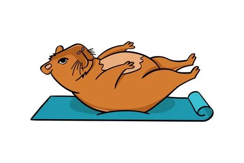 A cute capybara does yoga on a mat. Vector illustration flat style Stock Illustration
