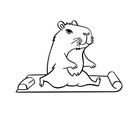 A cute capybara does yoga. Vector hand drawn. For coloring books, postcards,  Stock Illustration