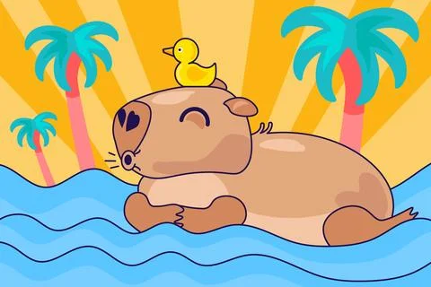 Cute capybara floating in water with a small rubber duck on its head Stock-Illustration