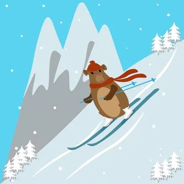 A cute capybara in a hat with a scarf is skiing in the mountains. The conce.. イラスト素材