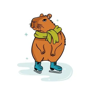 Cute capybara is ice skating. Vector illustration flat style Stock Illustration
