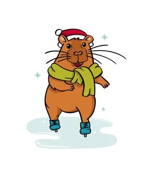 Cute capybara is ice skating. Vector illustration flat style Stock Illustration