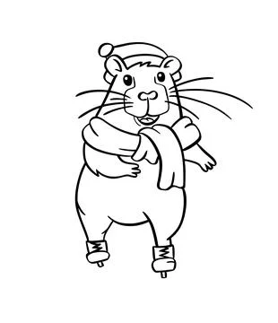 Cute capybara ice skating. Vector hand drawn. For coloring books, postcards,  Stock Illustration