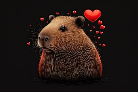Cute  Capybara, isolated on a background with red hearts Stock Illustration