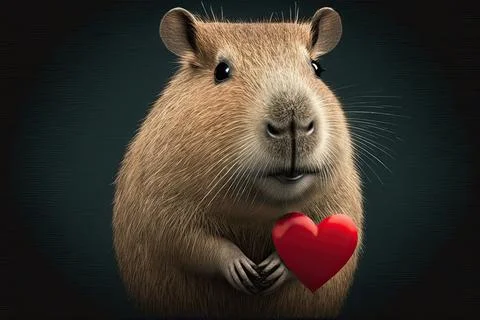 Cute  Capybara, isolated on a background with red hearts Stock Illustration
