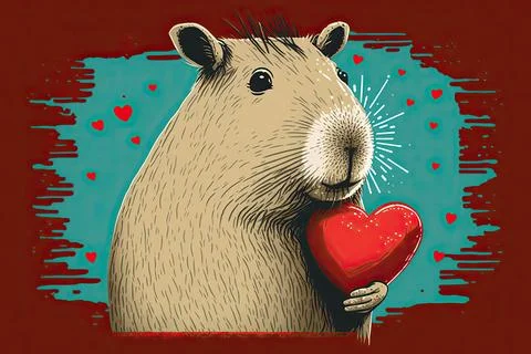 Cute  Capybara, isolated on a background with red hearts Stock Illustration