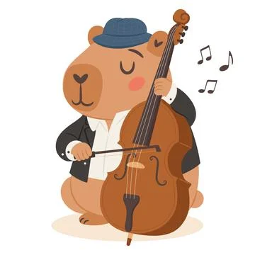 Cute capybara jazz musician playing a doublebass in a vintage jazz band car.. Stock Illustration