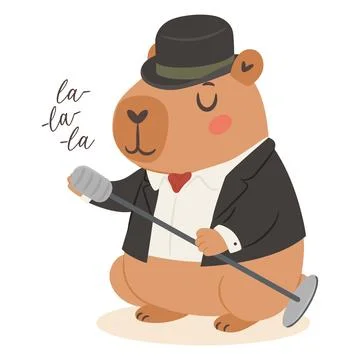 Cute capybara jazz singer performing with microphone in a vintage jazz band.. Stock Illustration