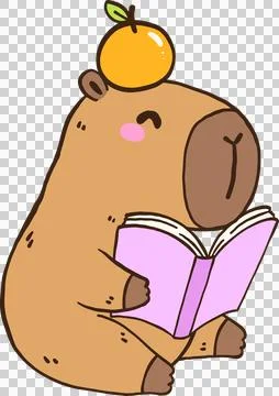 Cute Capybara Reading Book with Orange on Head, Happy Animal Bookish Cartoo.. Stock Illustration