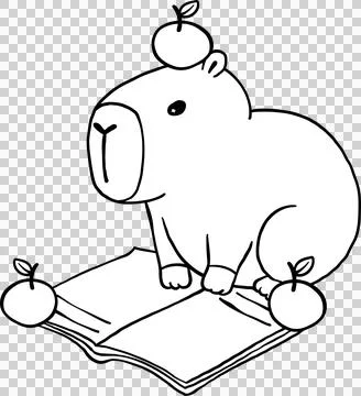 Cute Capybara Reading Book with oranges, Animal Bookish Outline Hand Drawn Stock Illustration