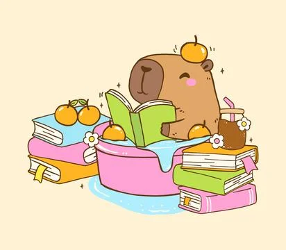 Cute Capybara Reading Book TBR Vibe in Bathtub with Stack books, Animal Boo.. Stock Illustration