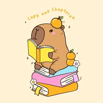 Cute Capybara Reading Book TBR Vibe sit on Stack books, Animal Bookish Cart.. Stock Illustration