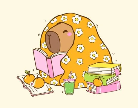 Cute Capybara Reading Book under Blanket with Stack books, TBR Vibe, Animal.. Stock Illustration