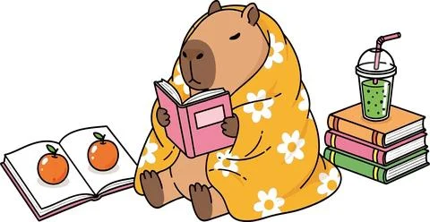 Cute Capybara Reading Book Wrapped in Blanket with Drink and Apples Illustrazione stock