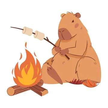 Cute Capybara Roasting Marshmallows over Campfire with Stick. Funny Cartoon.. Ilustração Stock