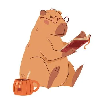 Cute Capybara with Round Glasses Reading Book near Pumpkin Mug. Flat Cartoo.. Stock Illustration